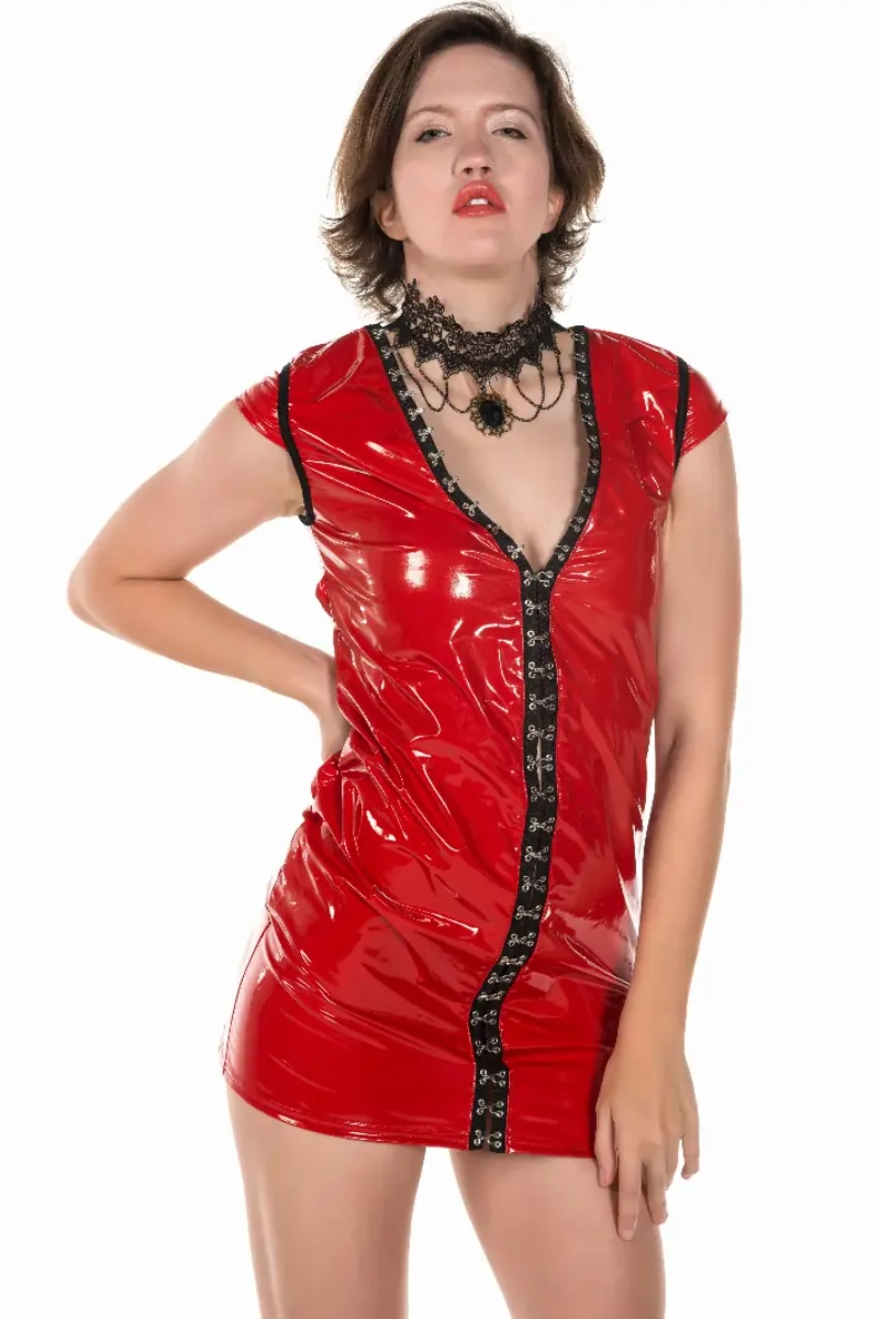 bold red latex mini dress with black trim details hj shs 666 1 bold red latex mini dress with black trim details hj shs 666 1