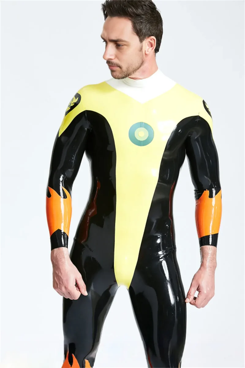 latex male captain flame back zip catsuit kkp83 1