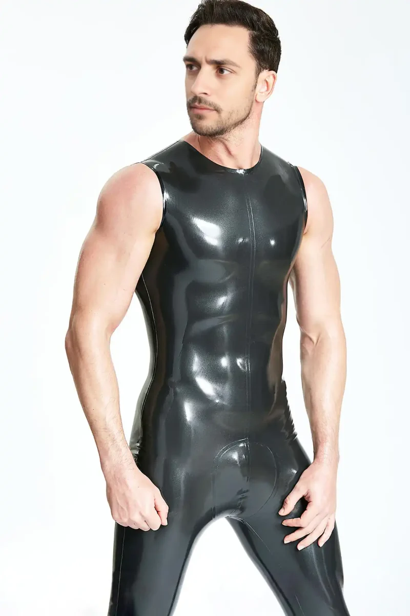 latex male classic roundneck sleeveless catsuit kkp21 1