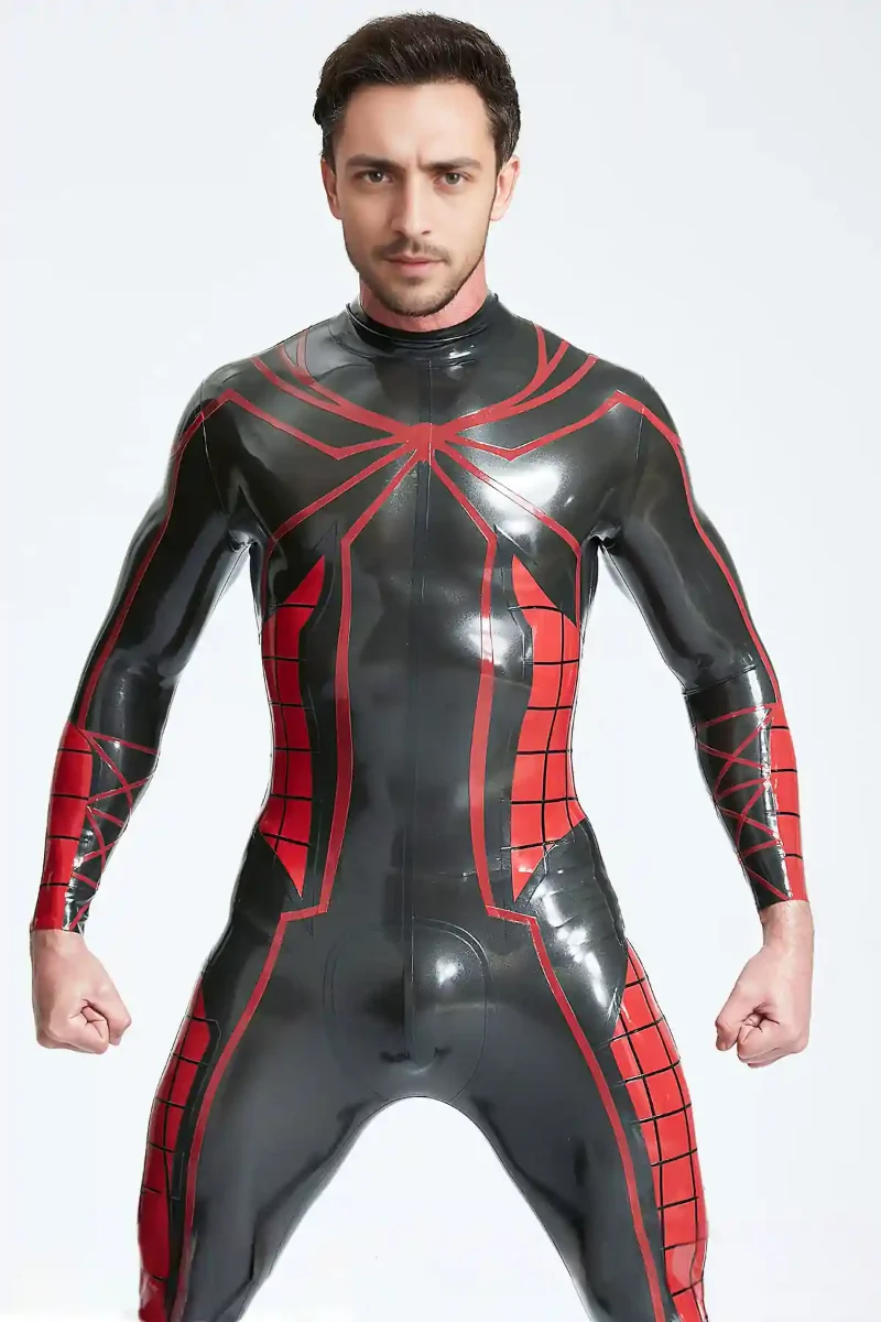 latex male tangled web back zip catsuit kkp127 1